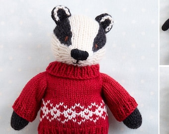 Toy knitting pattern for a Badger in a sweater and shorts  (9 inches tall), instant digital download PDF file