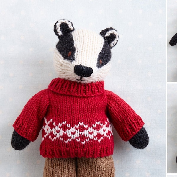 Toy knitting pattern for a Badger in a sweater and shorts  (9 inches tall), instant digital download PDF file