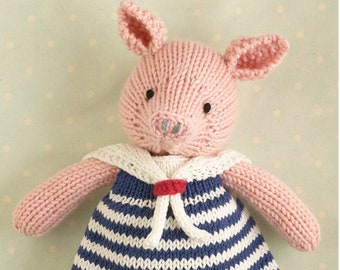 Toy knitting pattern for a pig in a sailor dress (9 inches tall), instant digital download PDF file