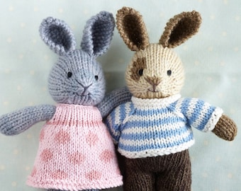 Toy knitting pattern for a small rabbit with removable clothes (7 inches tall), instant digital download PDF file