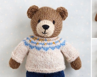 Toy knitting pattern for a bear with a Fair Isle sweater and shorts (9 inches tall), instant digital download PDF file
