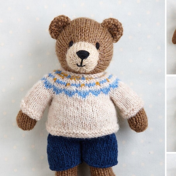 Toy knitting pattern for a bear with a Fair Isle sweater and shorts (9 inches tall), instant digital download PDF file