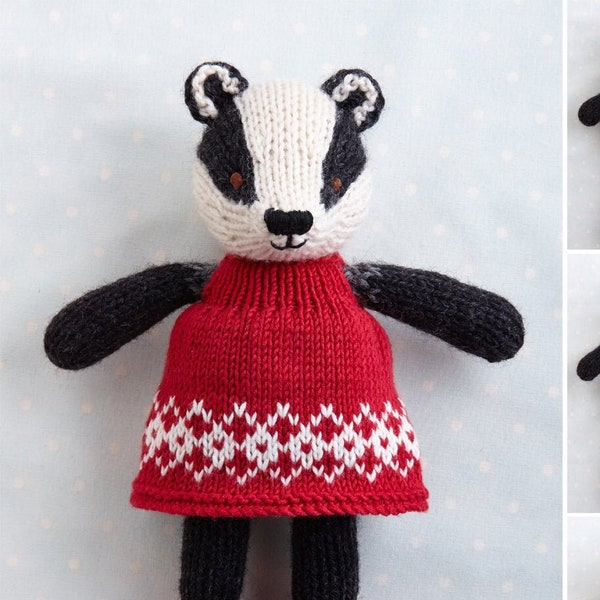 Toy knitting pattern for a badger in a dress (9 inches tall), instant digital download PDF file