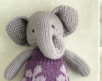 Toy knitting pattern for an elephant in a frondy frock (9 inches tall), instant digital download PDF file