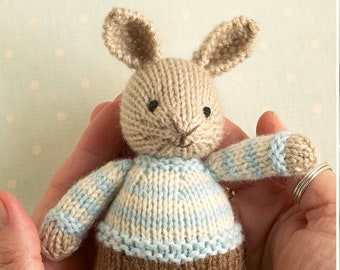 Toy knitting pattern for a mini bunny and bear in shorts and a sweater, instant digital download PDF file