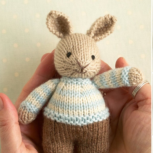 Toy knitting pattern for a mini bunny and bear in shorts and a sweater, instant digital download PDF file