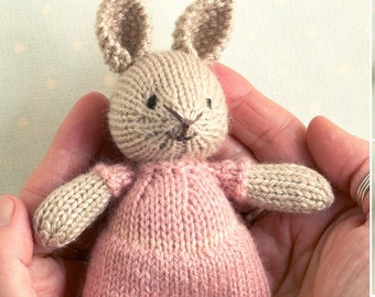 Toy knitting pattern for a mini bunny and bear in a dress and stockings, instant digital download PDF file