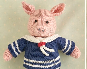 Toy knitting pattern for a pig in a sailor suit (9 inches tall), instant digital download PDF file