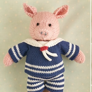 Toy knitting pattern for a pig in a sailor suit (9 inches tall), instant digital download PDF file