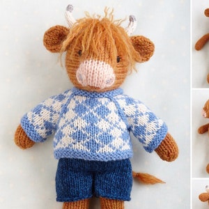 New Toy Knitting Pattern for a cow in a sweater and shorts 9 inches tall, instant digital download PDF file image 1