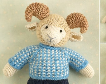 Toy knitting pattern for a ram with a nubby sweater and shorts (9 inches tall), instant digital download PDF file