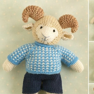 Toy knitting pattern for a ram with a nubby sweater and shorts (9 inches tall), instant digital download PDF file