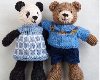 Toy knitting pattern for a small bear/panda with removable clothes (7 inches tall), instant digital download PDF file