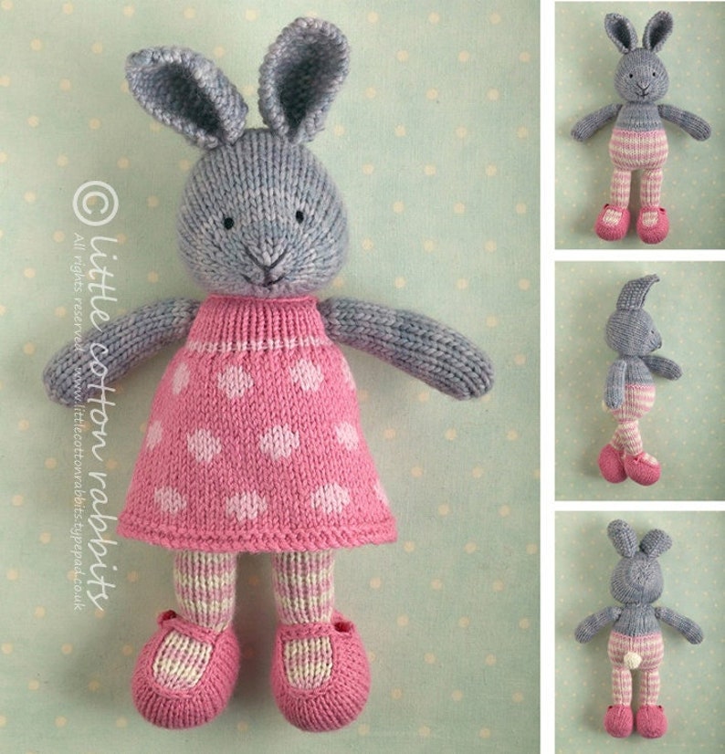 Toy knitting pattern for a bunny rabbit in a dotty dress (9 inches tall) 