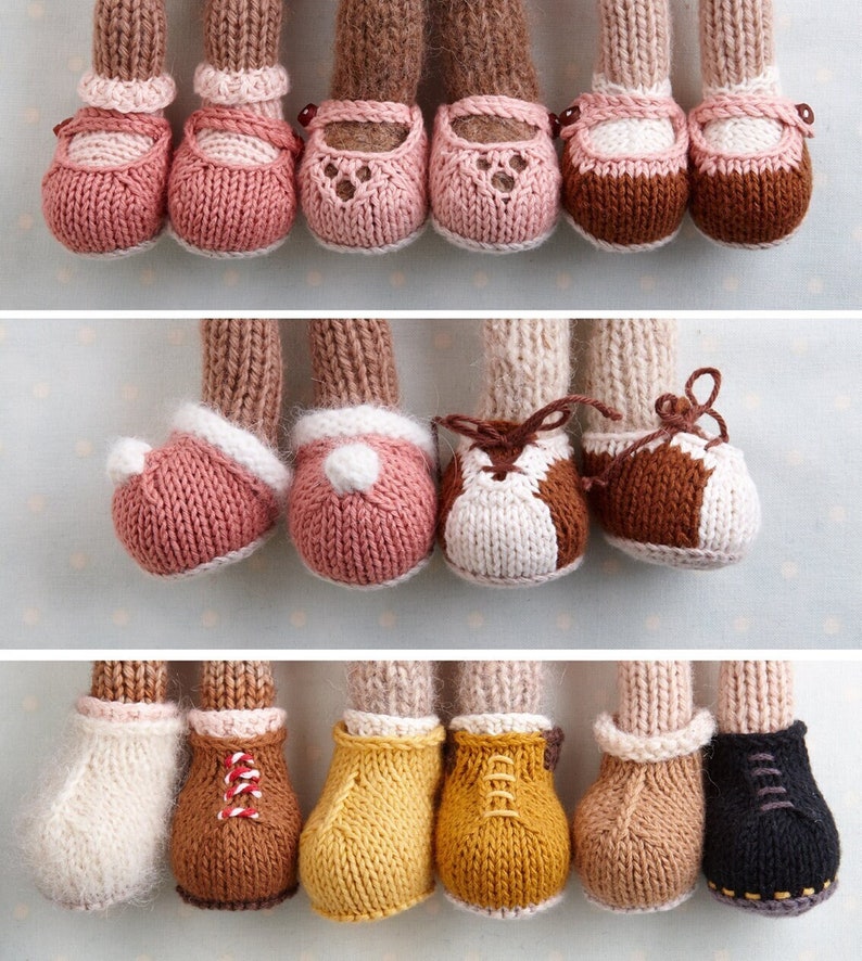 Small removable toy shoes and boots to fit 7 inch little cotton rabbit animal patterns knitting pattern, instant digital download PDF file image 1