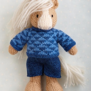 Knitting Pattern: Horse, Donkey and Unicorn in a sweater and shorts  (9 inches tall), instant digital download PDF