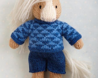 Knitting Pattern: Horse, Donkey and Unicorn in a sweater and shorts  (9 inches tall), instant digital download PDF