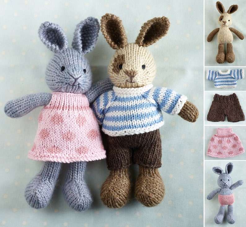 Toy knitting pattern for a small rabbit with removable clothes 7 inches tall, instant digital download PDF file image 1