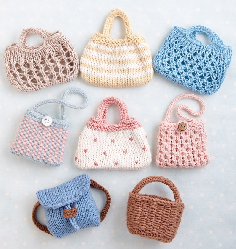 Bags, Baskets and Backpacks, toy knitting pattern for 9 inch Little Cotton Rabbits animals, instant digital download PDF file image 1