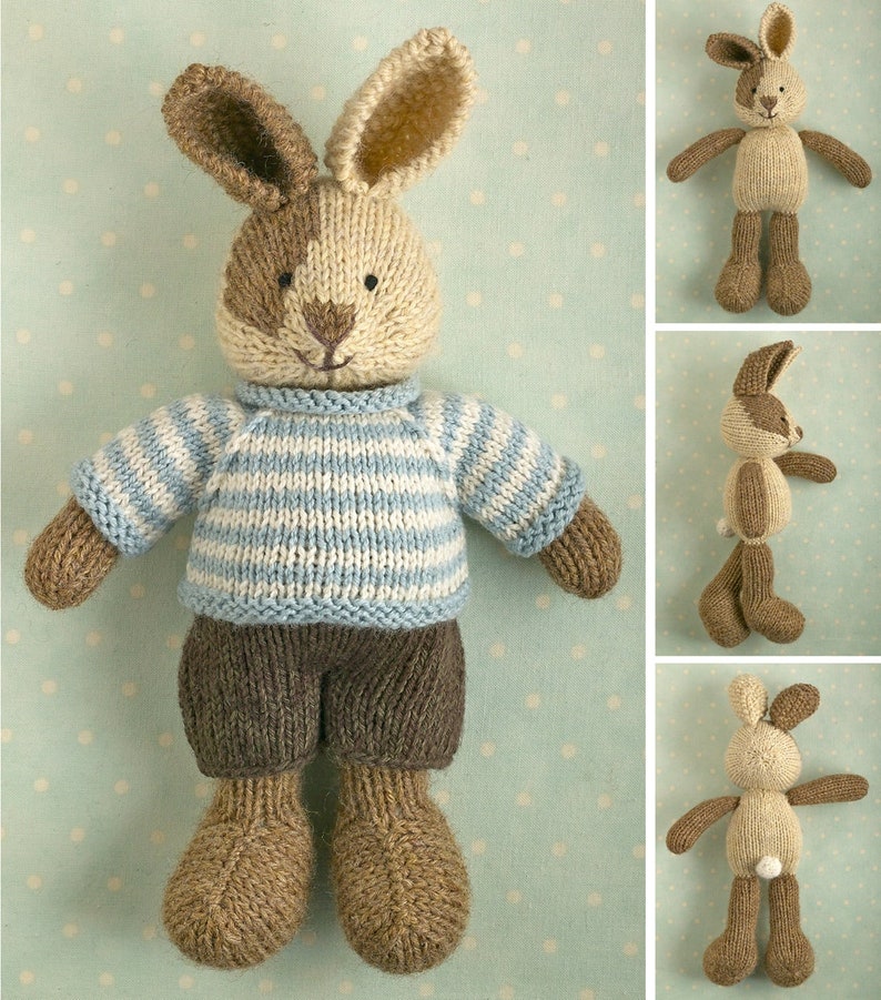 Toy knitting pattern for a bunny rabbit with a piebald patch, shorts and a stripy sweater 9 inches tall, instant digital download PDF file image 1