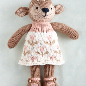 Knitting pattern: Fox/deer in a flowery frock (9 inches tall), instant digital download PDF