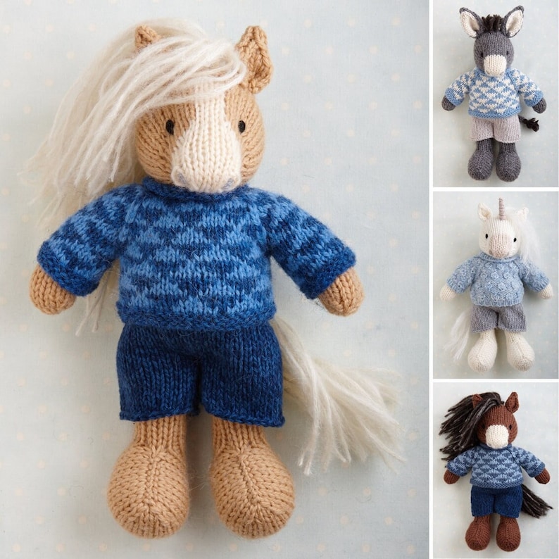 Toy Knitting Pattern for a Horse, Donkey and Unicorn in a sweater and shorts 9 inches tall, instant digital download PDF file image 1