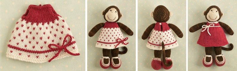 Toy knitting pattern for a monkey with a spotted dress 9 inches tall, instant digital download PDF file image 2