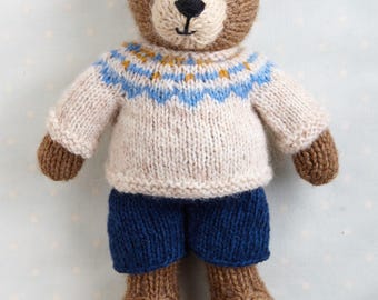 Knitting pattern: Bear/Lion with a Fair Isle sweater and shorts (9 inches tall), instant digital download PDF