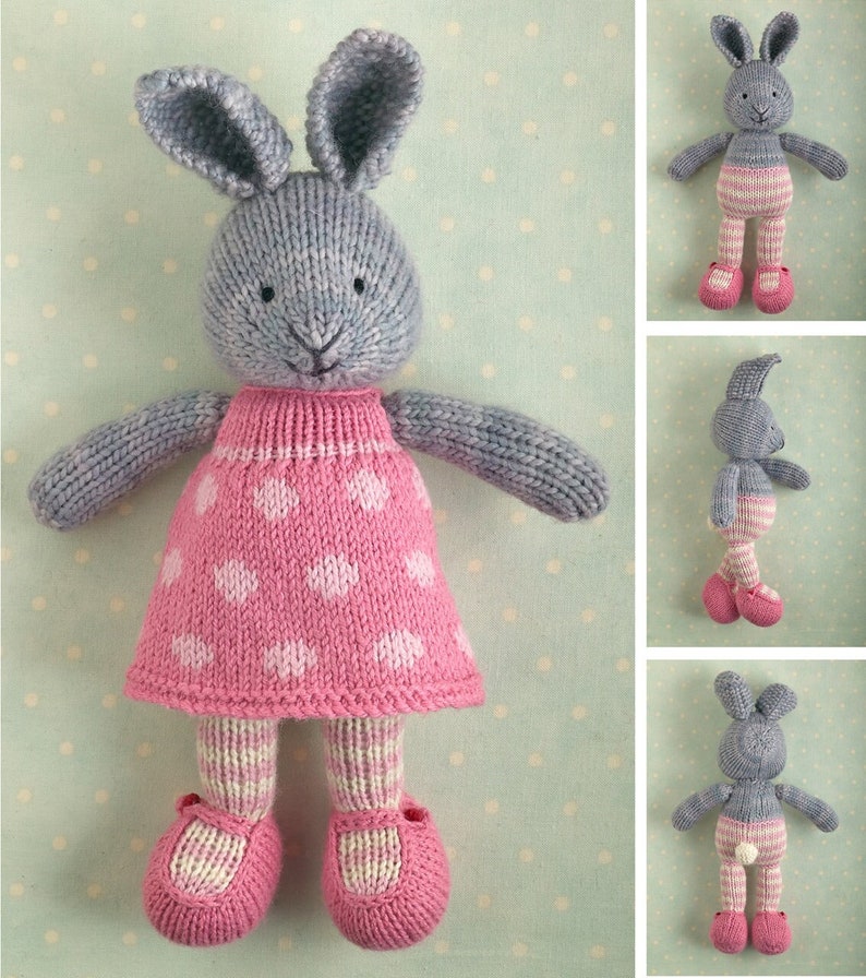 Toy knitting pattern for a bunny rabbit in a dotty dress 9 inches tall, instant digital download PDF file image 1