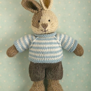 Knitting pattern: Bunny with shorts and a stripy sweater (9 inches tall), instant digital download PDF