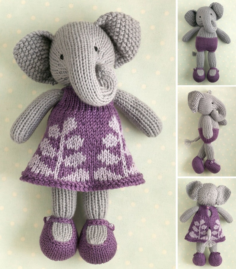 Toy knitting pattern for an elephant in a frondy frock 9 inches tall, instant digital download PDF file image 1