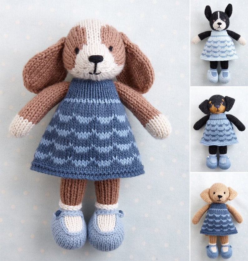 Toy Knitting pattern for a Dog in a dress 9 inches tall, instant digital download PDF file image 1