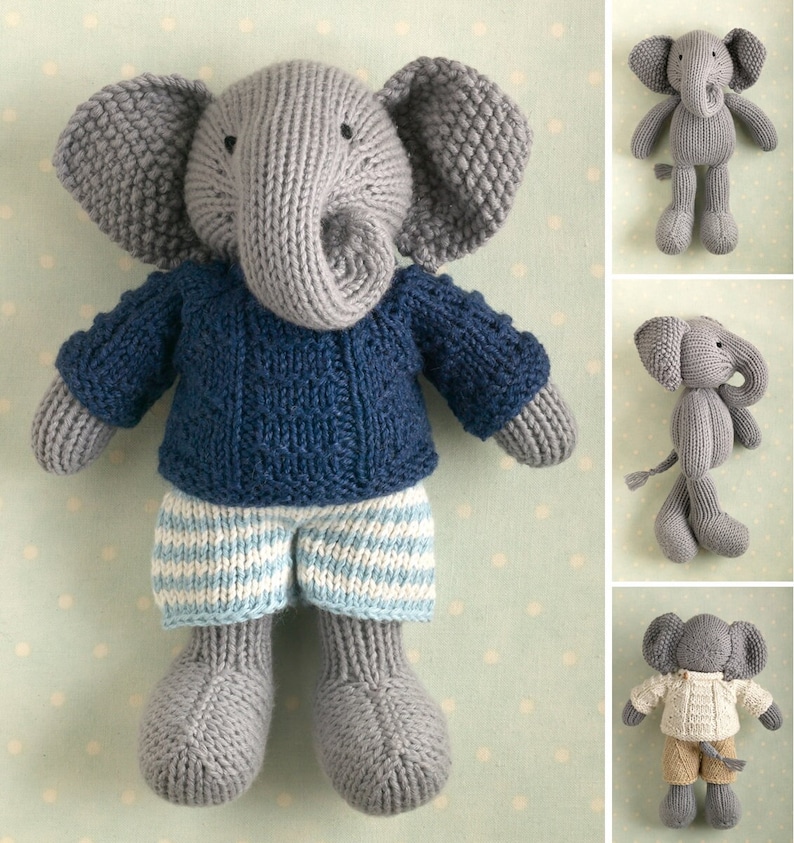 Toy knitting pattern for an elephant in a textured sweater 9 inches tall, instant digital download PDF file image 1