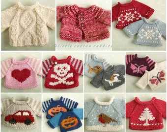Toy knitting pattern for a seasonal selection of sweaters