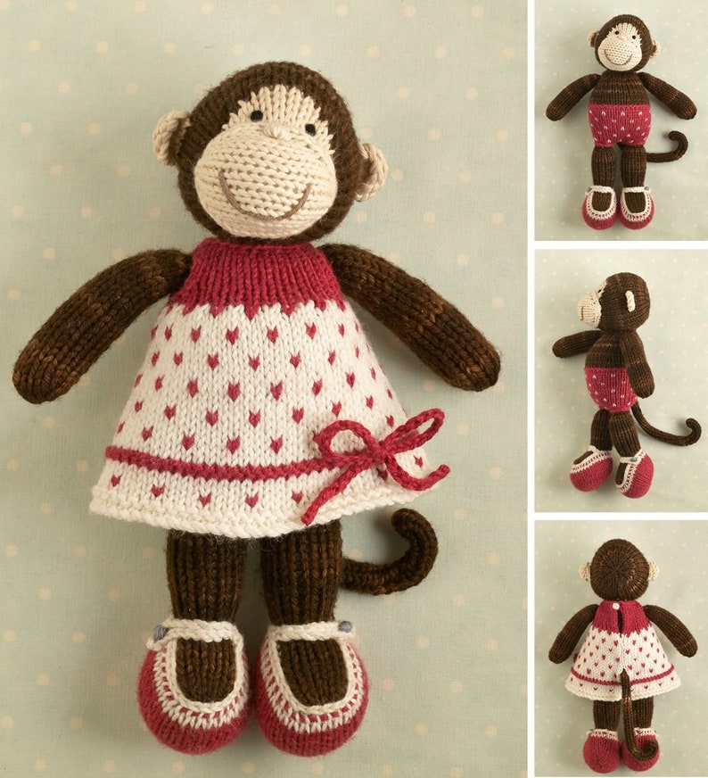 Toy knitting pattern for a monkey with a spotted dress 9 inches tall, instant digital download PDF file image 1