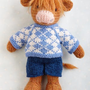 Knitting Pattern: Bull in a sweater and shorts  (9 inches tall), instant digital download PDF