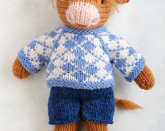 Knitting Pattern: Bull in a sweater and shorts  (9 inches tall), instant digital download PDF