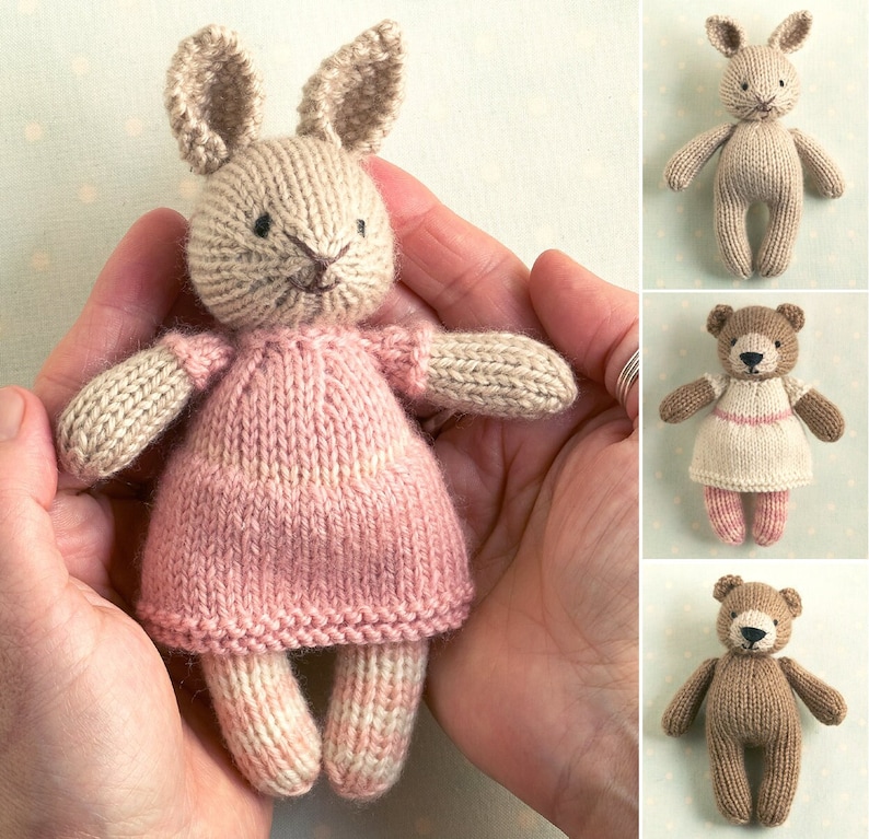 Toy knitting pattern for a mini bunny and bear in a dress and stockings, instant digital download PDF file afbeelding 1