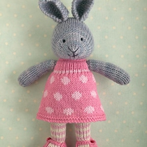 Knitting pattern: Bunny rabbit in a dotty dress (9 inches tall), instant digital download PDF