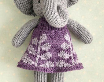 Knitting pattern: Elephant in a frondy frock (9 inches tall), instant digital download PDF