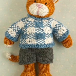 Knitting pattern: Cat with a plaid sweater and shorts (9 inches tall), instant digital download PDF
