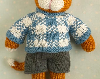 Knitting pattern: Cat with a plaid sweater and shorts (9 inches tall), instant digital download PDF