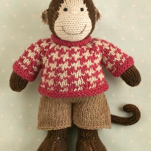 Knitting pattern: Monkey with a houndstooth sweater (9 inches tall), instant digital download PDF