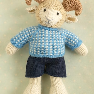 Knitting pattern: Ram with a nubby sweater and shorts (9 inches tall), instant digital download PDF