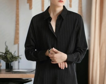 Donkere Academia zwart gestreept shirt blouse dames/Office Lady blouse/lange mouw losse casual blouses/vintage zwarte blouse/cadeau voor haar