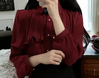 Korean Chic Top Blouse / Japan Style Elegant Shirt Women / Cute Preppy Girls / Claret Red Color Blouse / Gift for Her