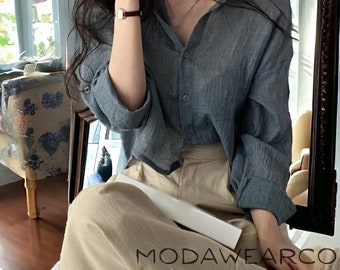 Blue Thin Shirt Blouse Women / Pure Color Anti-UV Shirt / Anti Fade Top Shirt Women / Solid Color / Streetwear Sun Protection Shirt