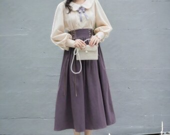 Vintage 2 Piece Purple Dress / Women Japanese Sweet Peter Pan Collar Preppy Style Shirt With Elegant High Waist Lace-up Pleated Long Skirt