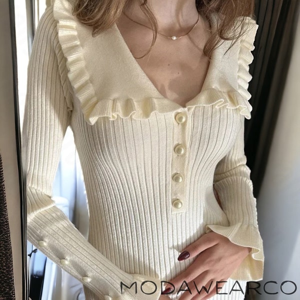 Dark Academia White Victorian Dress / High Waist Ruffled Maxi Dresses For Women / Autumn Winter Knitted Slim Long Women Vintage Dress /