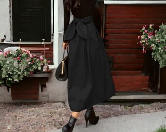 Dark Academia Long Black Skirt / Autumn Collect Womens Skirt Korean Fashion / Wild High Waist Bow Slim Skirts / Long Black Skirt